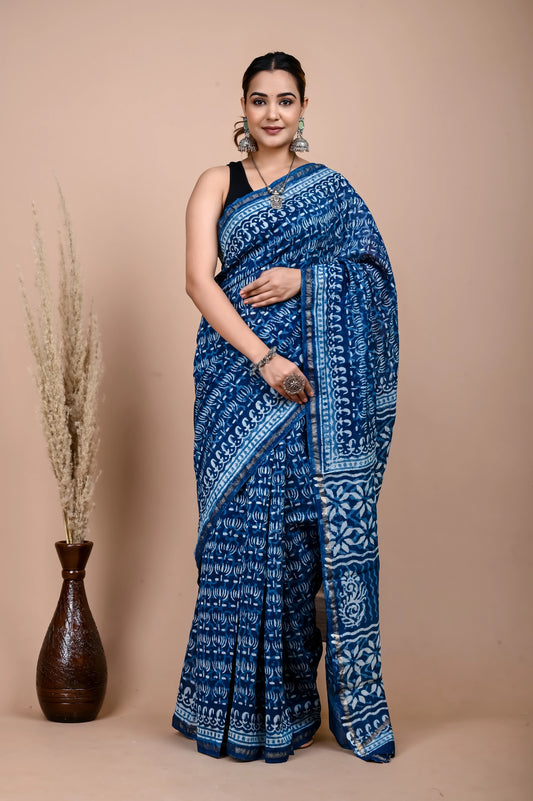 Hand Block Printed Chanderi Silk Saree (Indigo daabu)