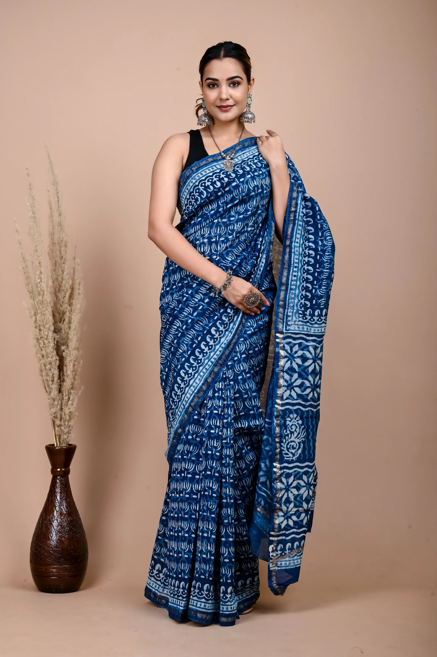 Hand Block Printed Chanderi Silk Saree (Indigo daabu)