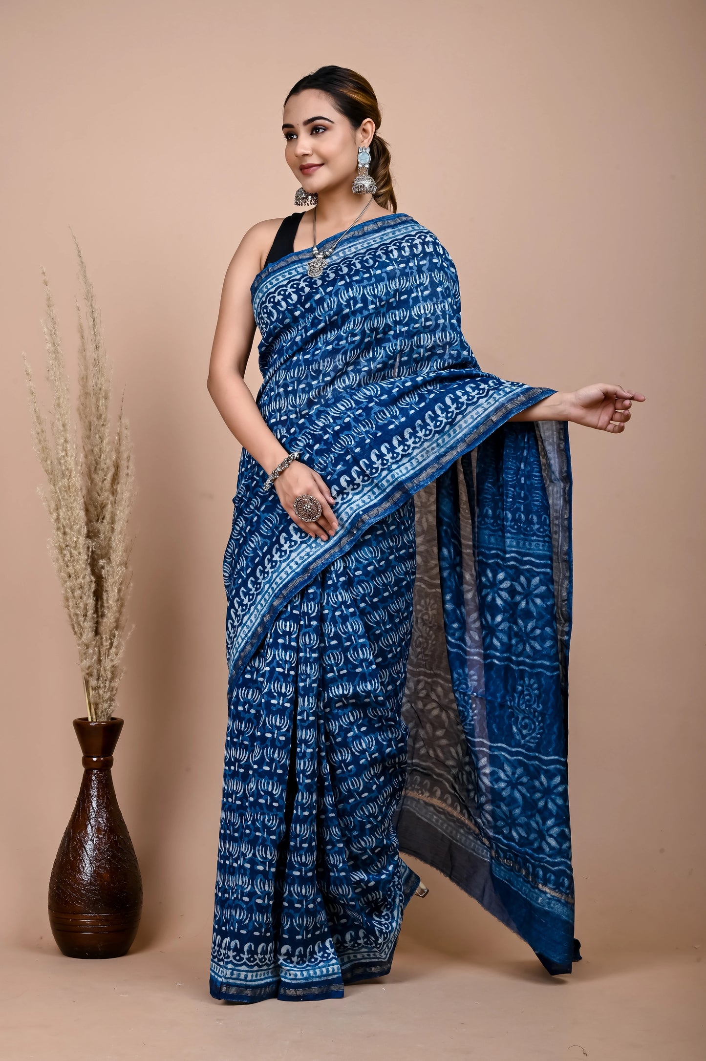 Hand Block Printed Chanderi Silk Saree (Indigo daabu)