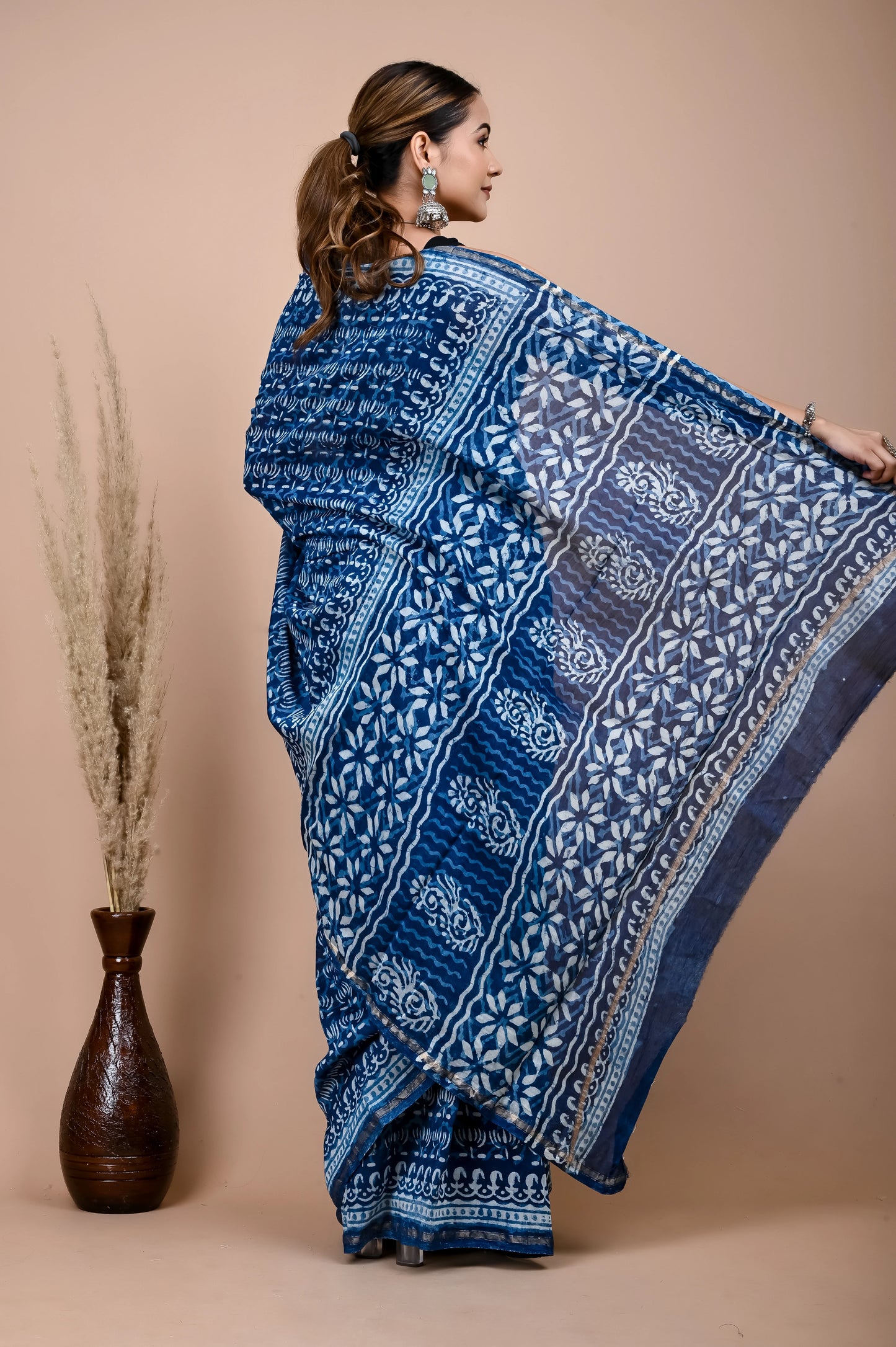 Hand Block Printed Chanderi Silk Saree (Indigo daabu)