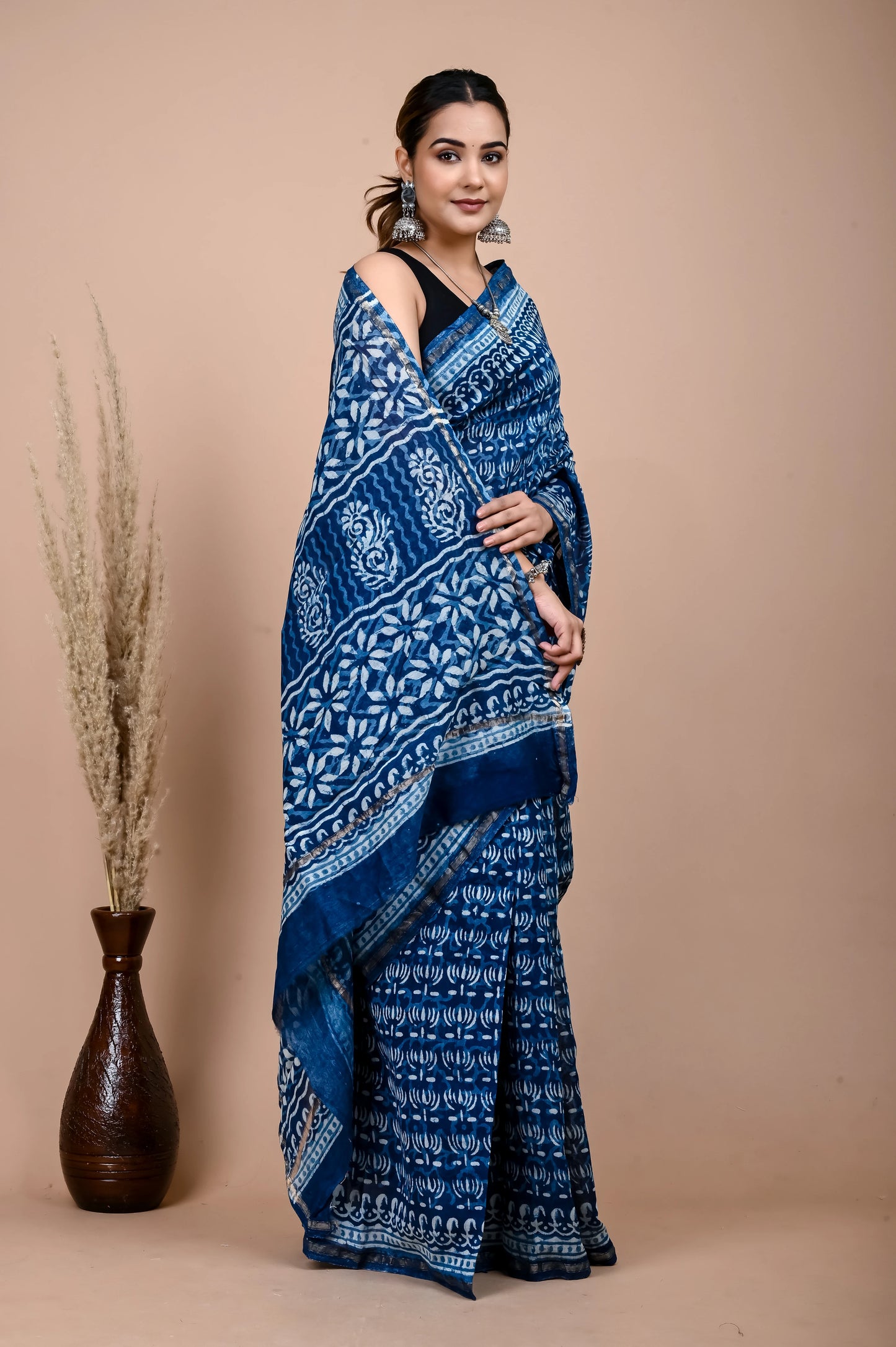 Hand Block Printed Chanderi Silk Saree (Indigo daabu)