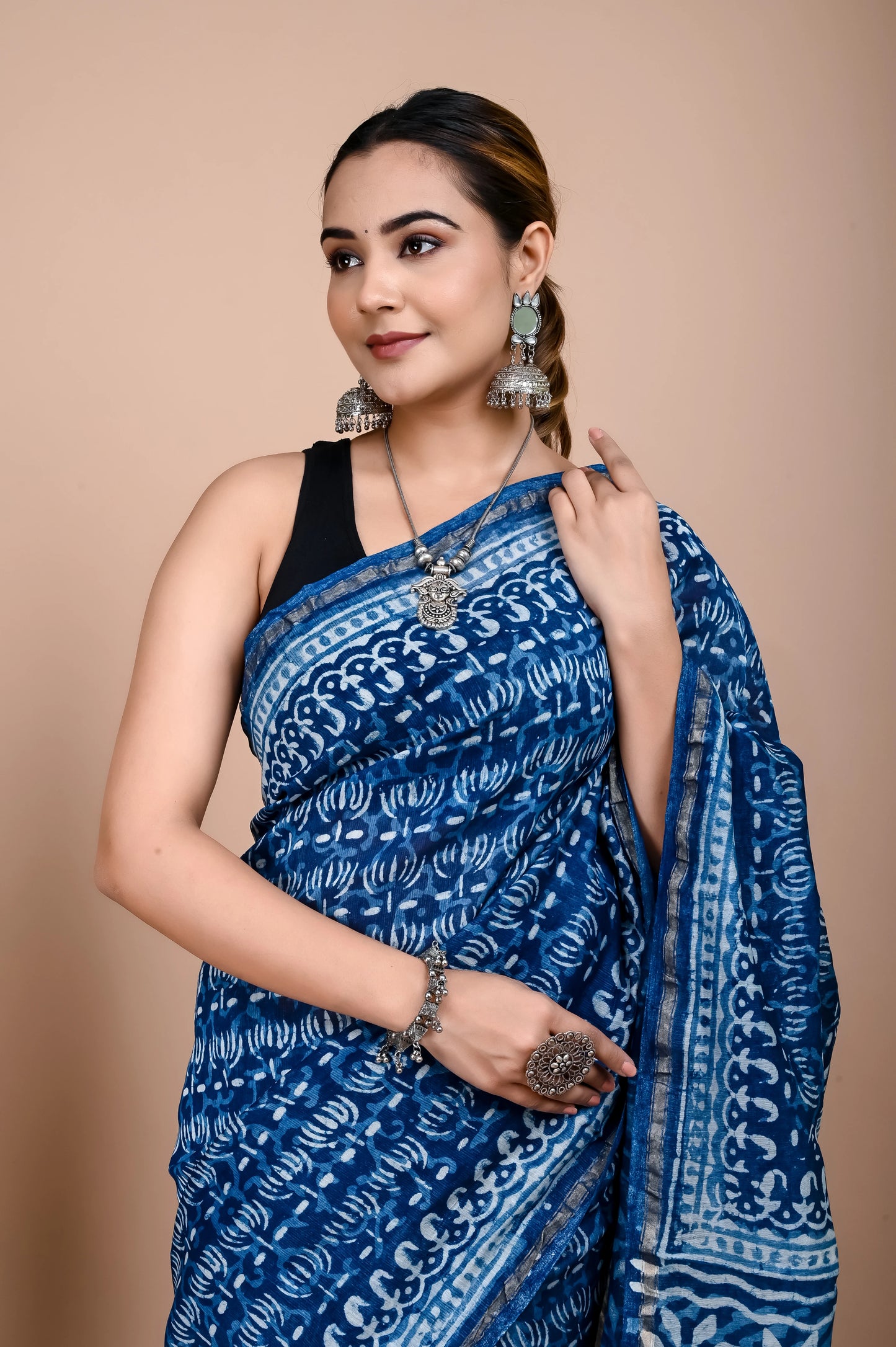 Hand Block Printed Chanderi Silk Saree (Indigo daabu)