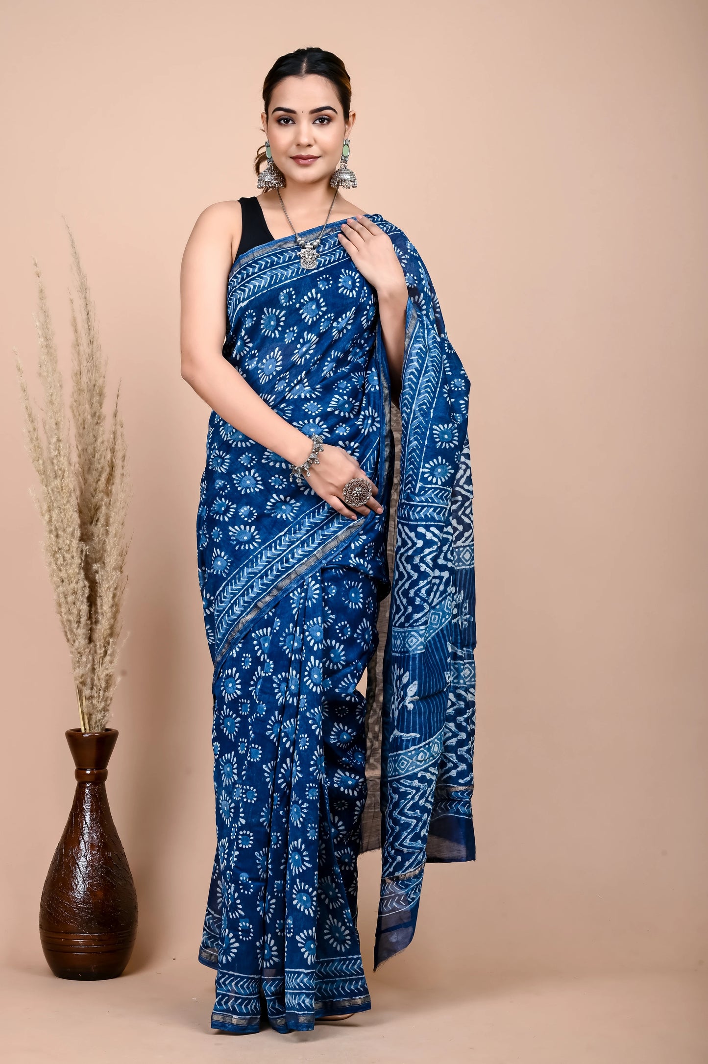 Hand Block Printed Chanderi Silk Saree (Indigo Daabu)