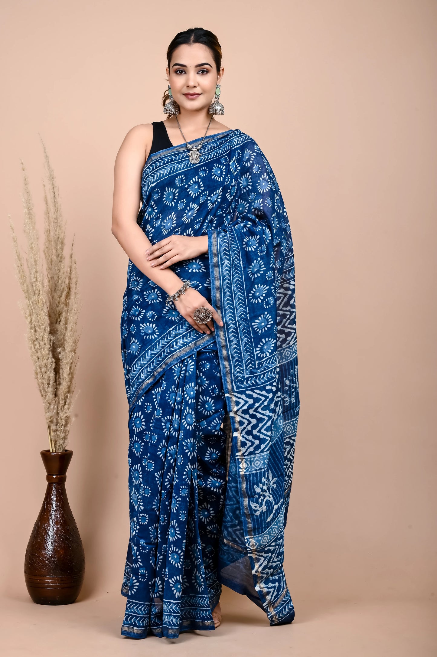 Hand Block Printed Chanderi Silk Saree (Indigo Daabu)