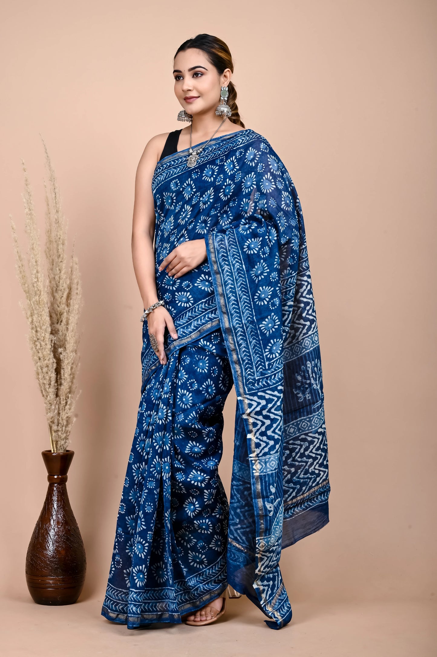 Hand Block Printed Chanderi Silk Saree (Indigo Daabu)