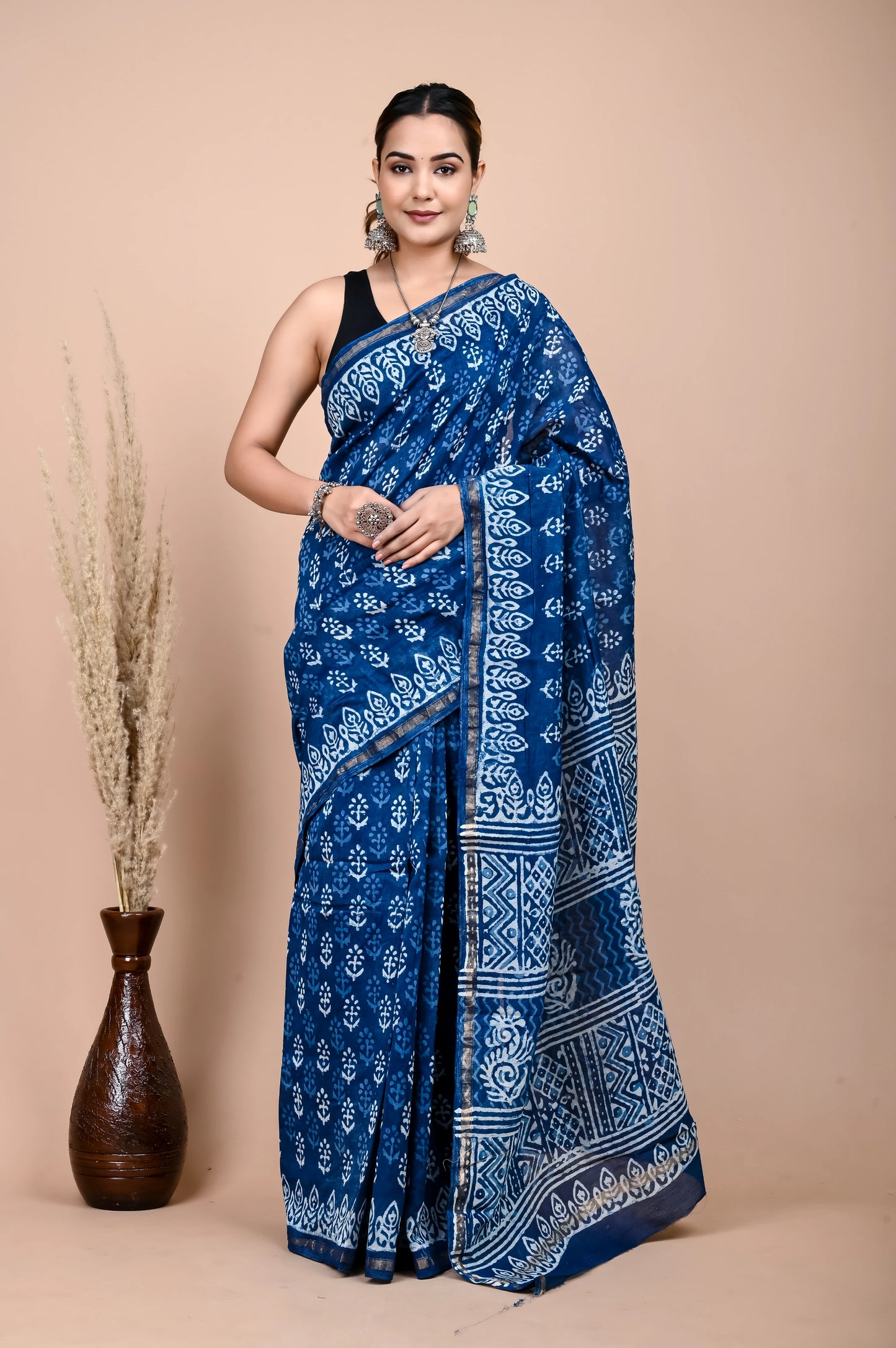Hand Block Printed Chanderi Silk Saree (Indigo Daabu)