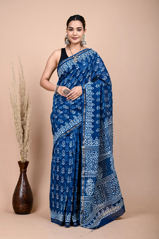 Hand Block Printed Chanderi Silk Saree (Indigo Daabu)