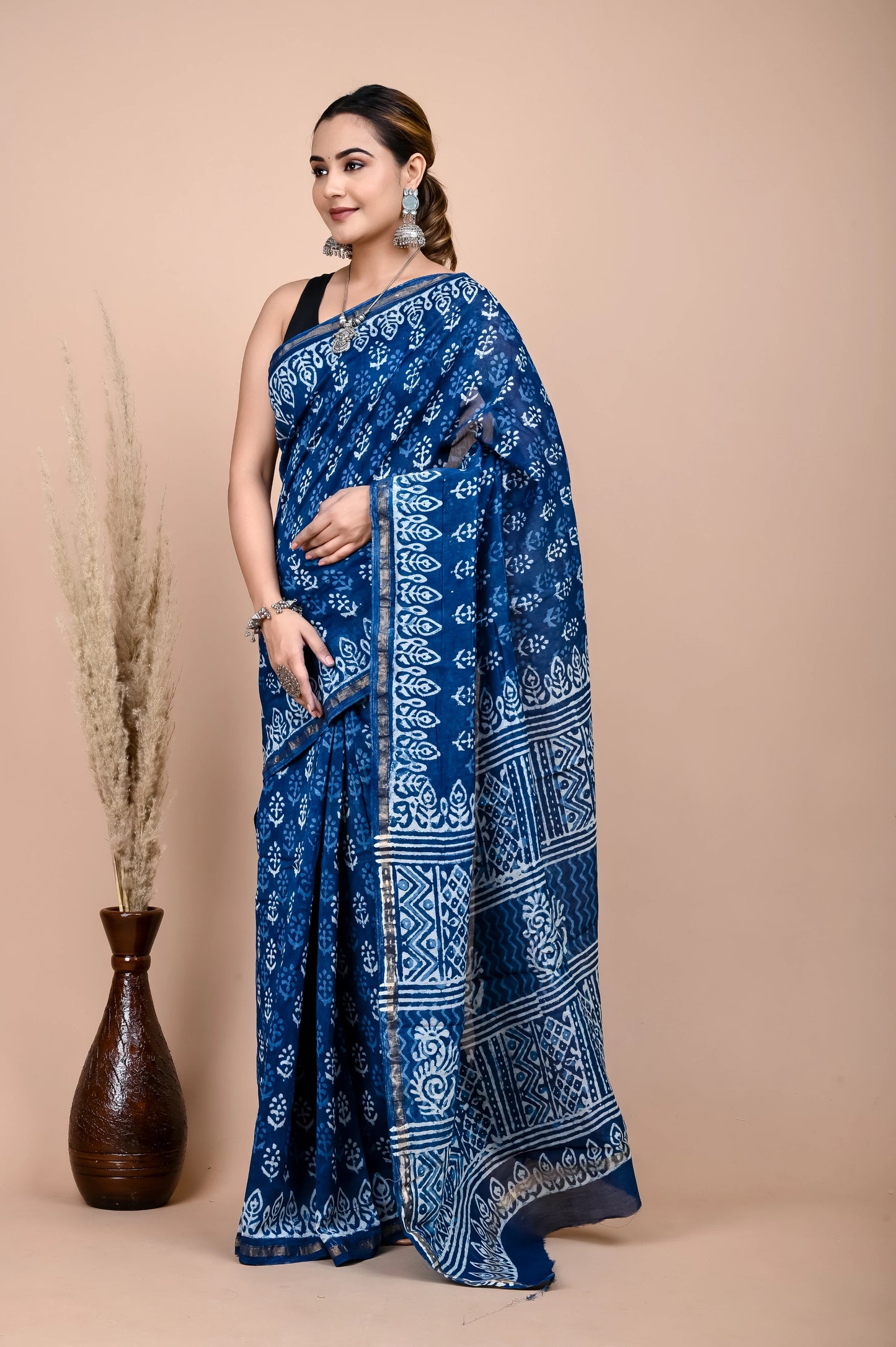 Hand Block Printed Chanderi Silk Saree (Indigo Daabu)