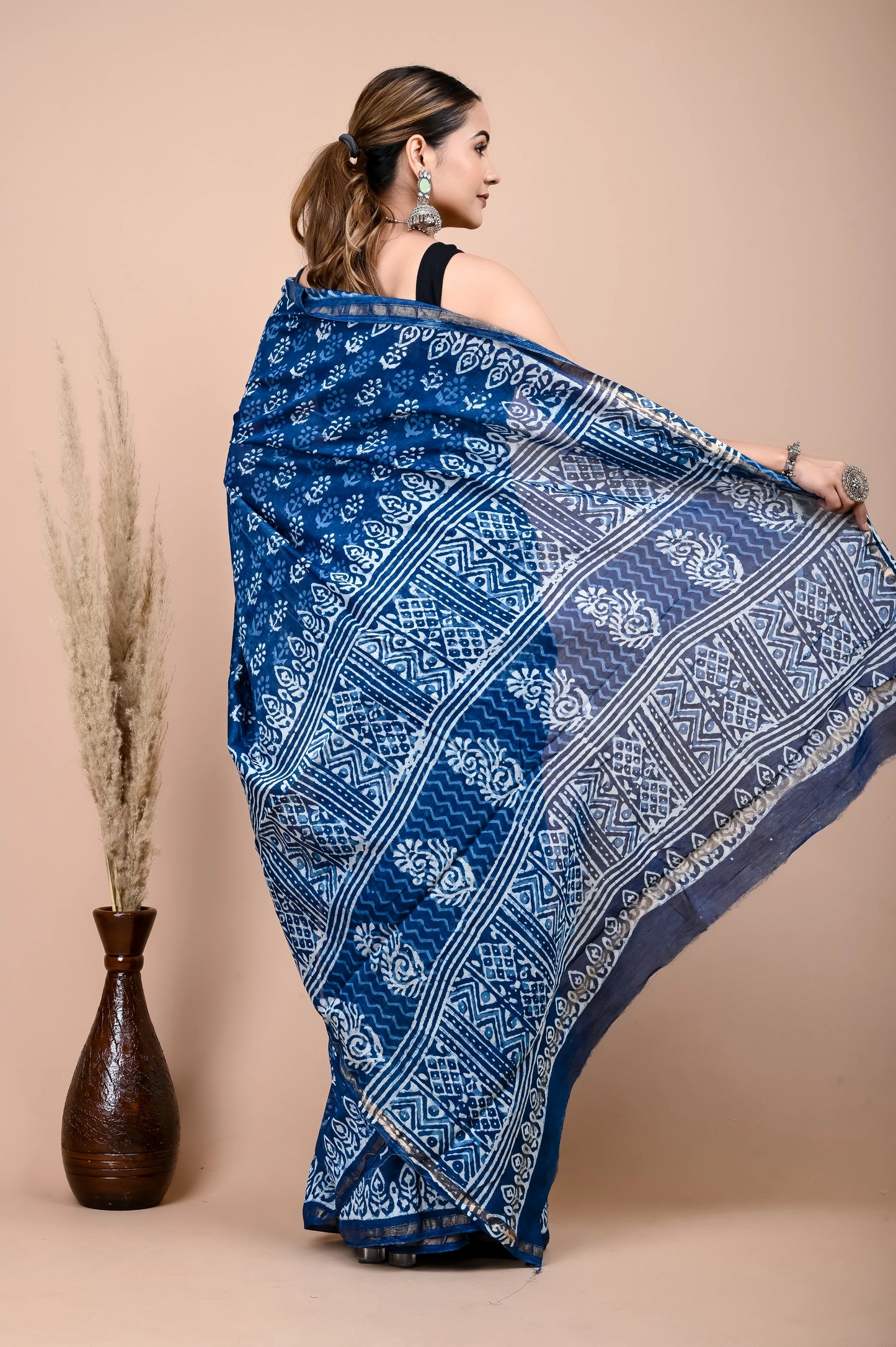 Hand Block Printed Chanderi Silk Saree (Indigo Daabu)