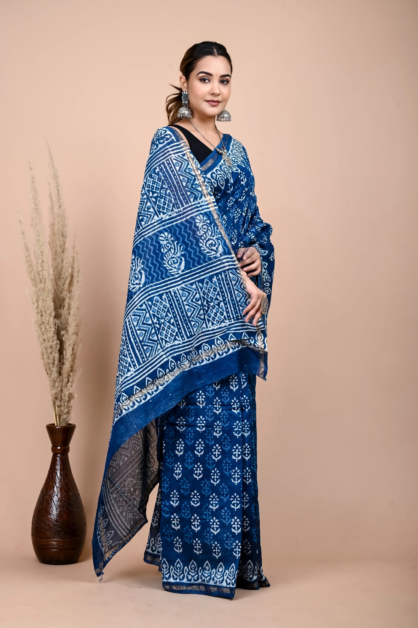 Hand Block Printed Chanderi Silk Saree (Indigo Daabu)