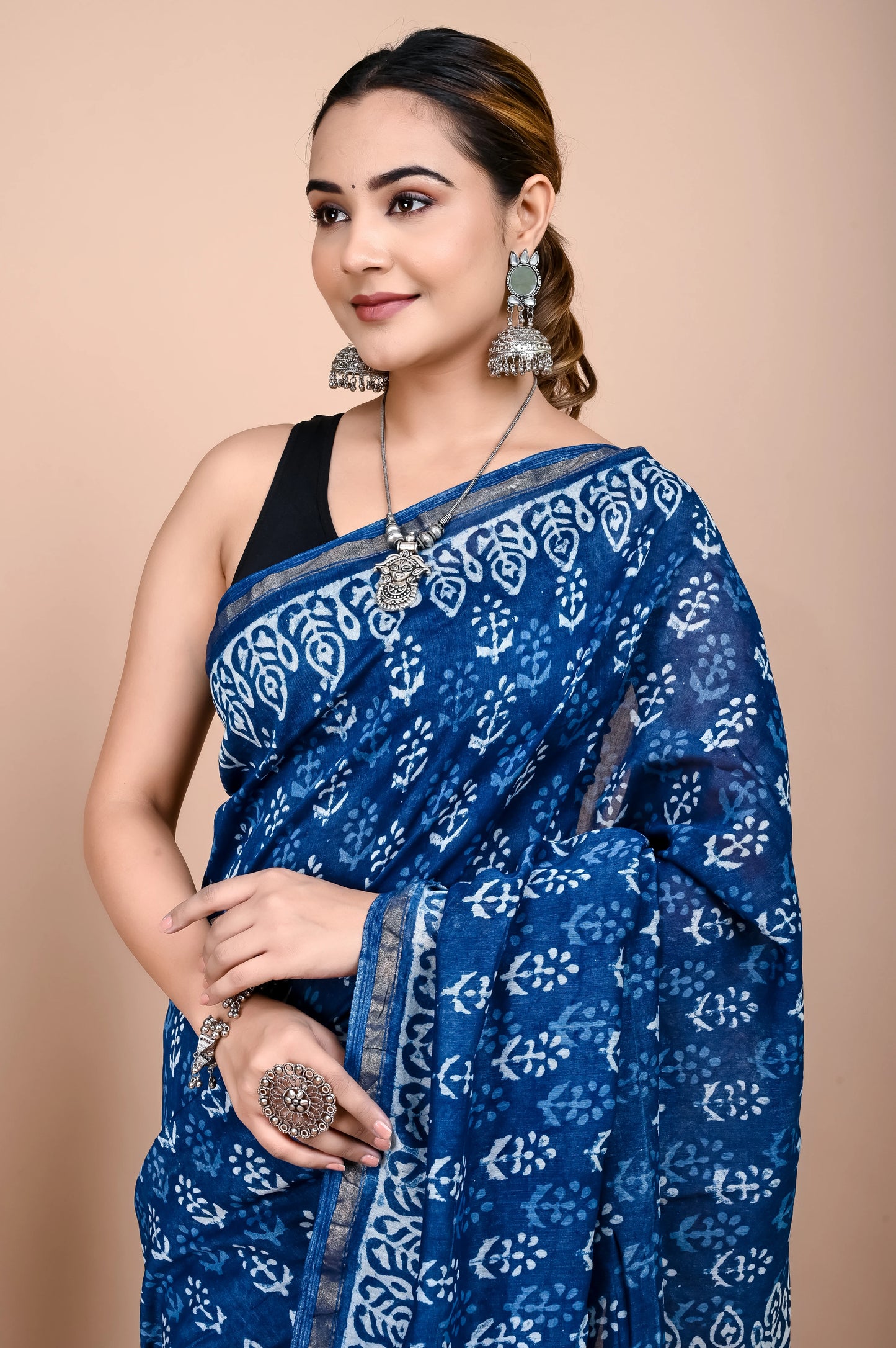 Hand Block Printed Chanderi Silk Saree (Indigo Daabu)