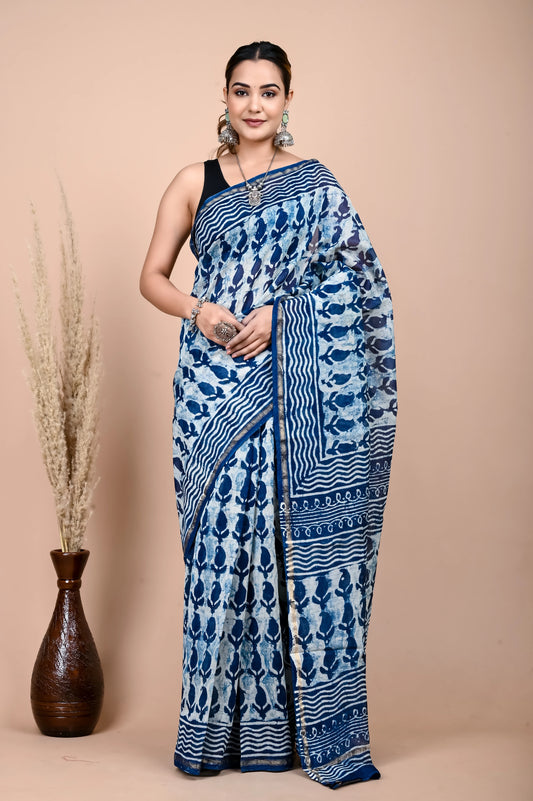 Hand Block Printed Chanderi Silk Saree (Indigo daabu)