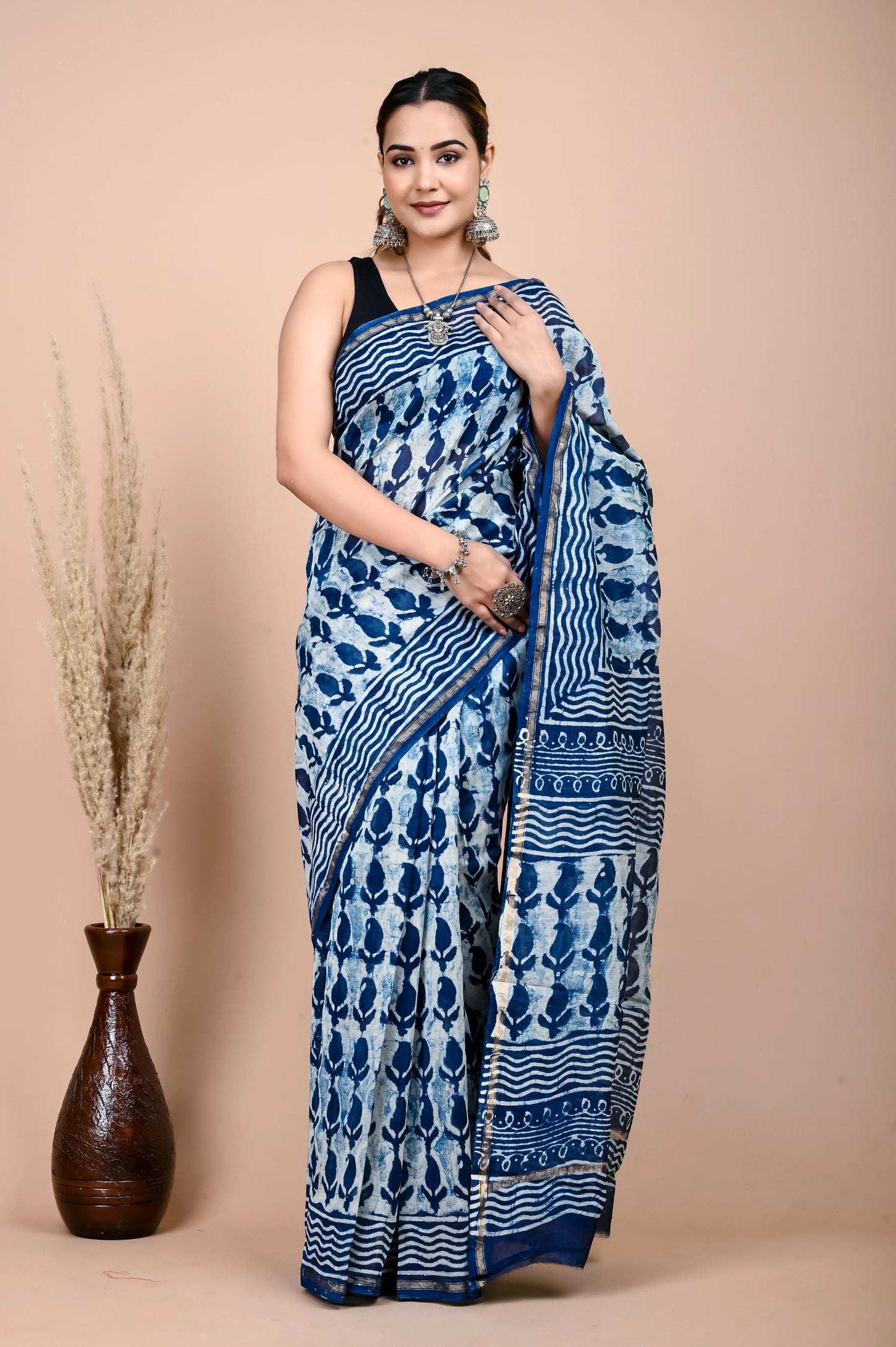 Hand Block Printed Chanderi Silk Saree (Indigo daabu)