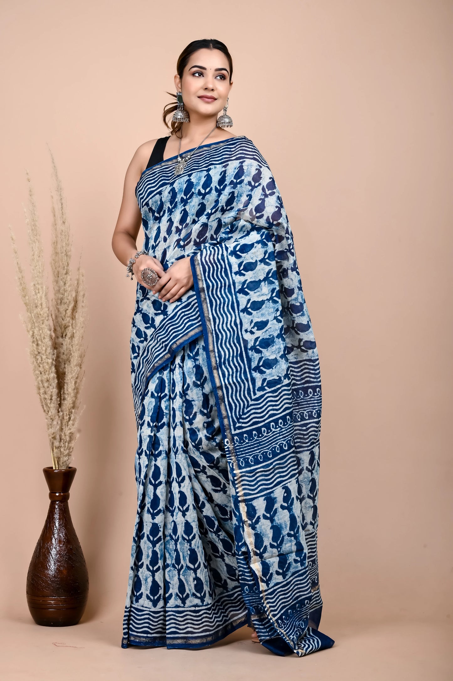 Hand Block Printed Chanderi Silk Saree (Indigo daabu)