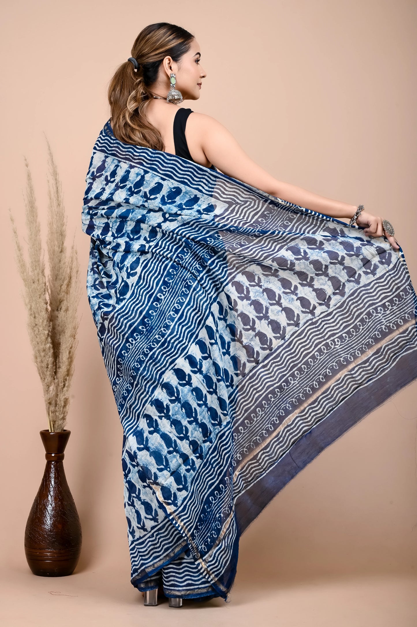 Hand Block Printed Chanderi Silk Saree (Indigo daabu)