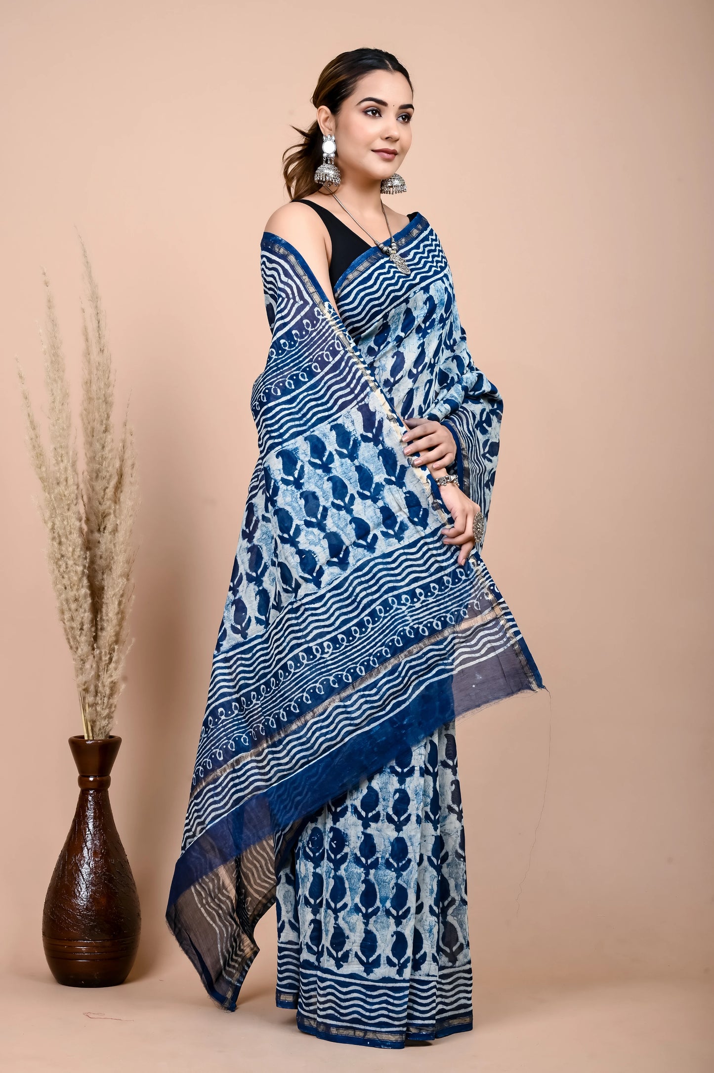Hand Block Printed Chanderi Silk Saree (Indigo daabu)