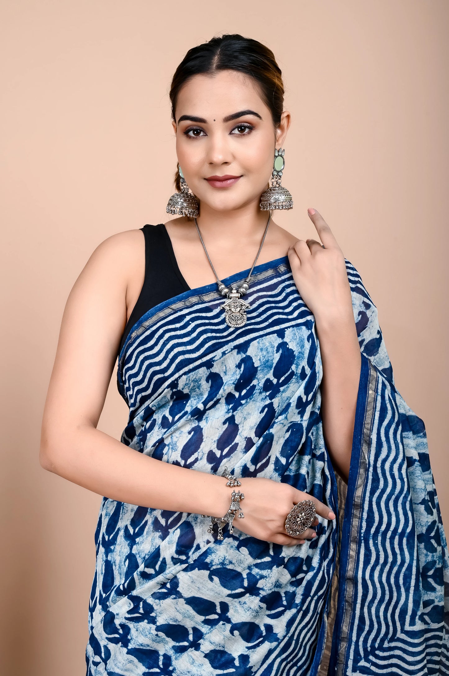 Hand Block Printed Chanderi Silk Saree (Indigo daabu)