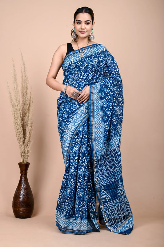 Hand Block Printed Chanderi Silk Saree (indigo Daabu)
