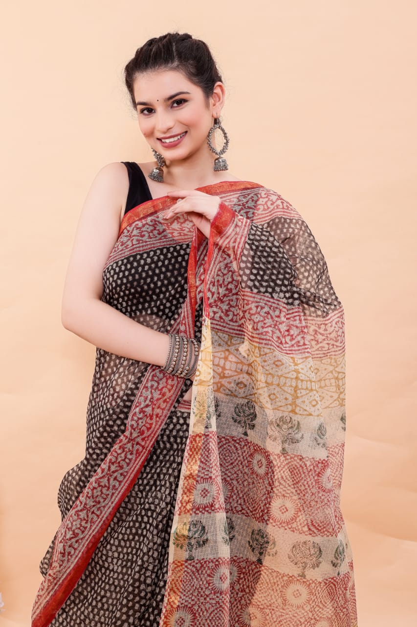 Bagru Printed Pure Kota Doria Saree