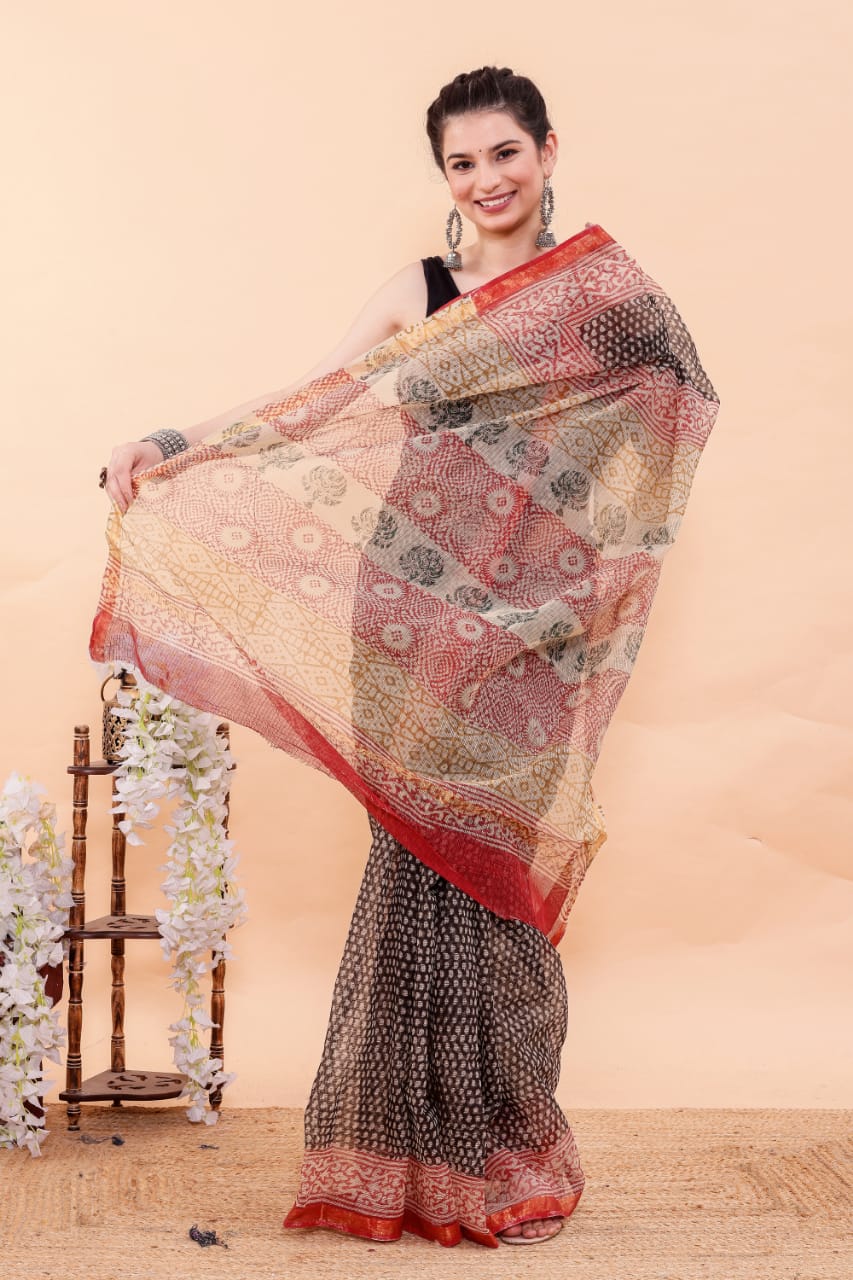 Bagru Printed Pure Kota Doria Saree