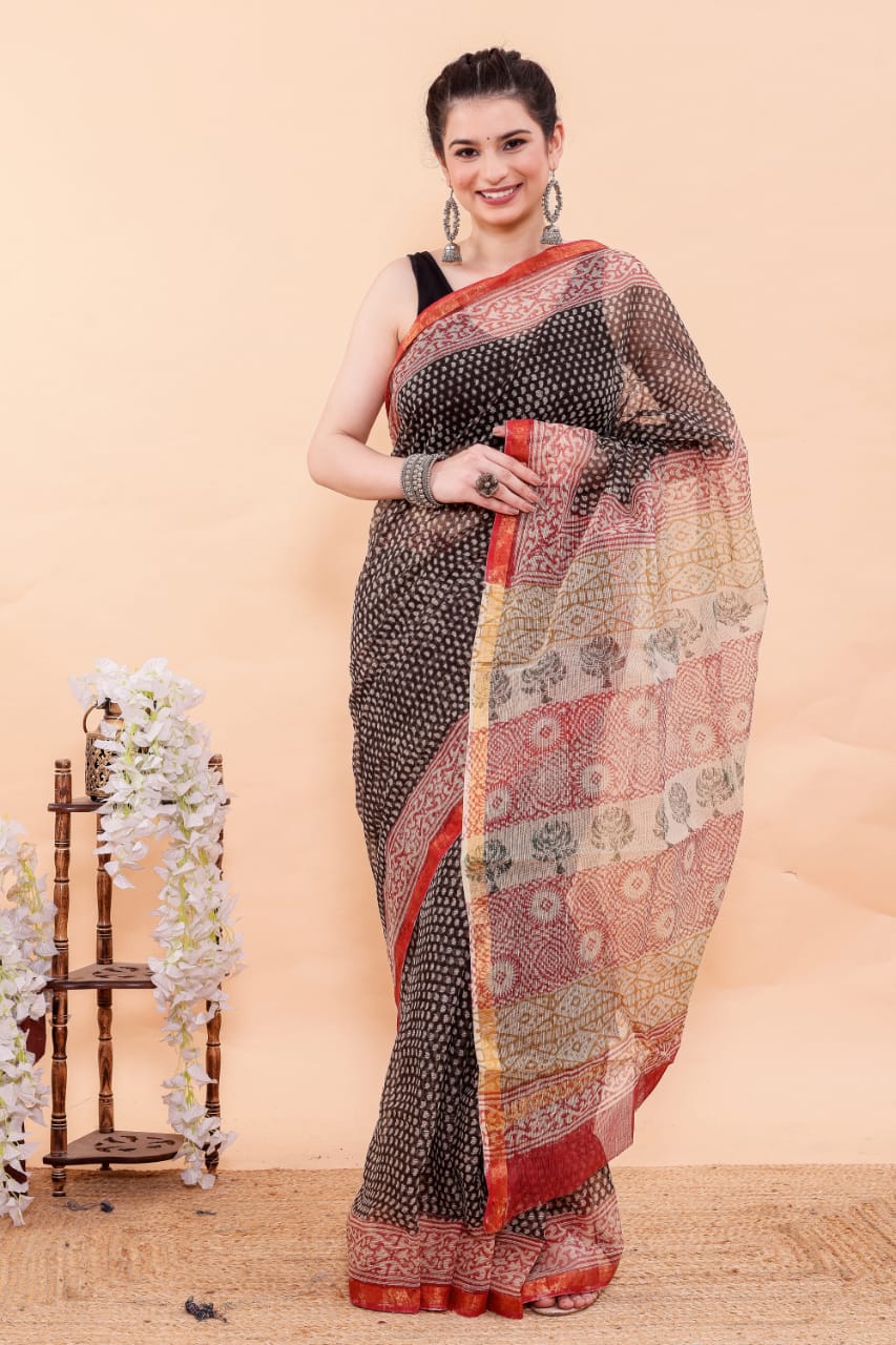 Bagru Printed Pure Kota Doria Saree