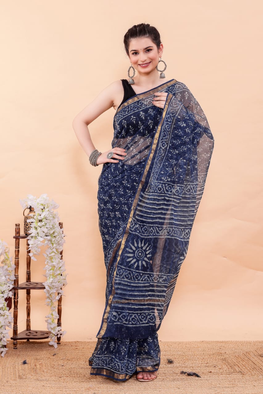 Exclusive Hand Block Premium Kota Doria Saree