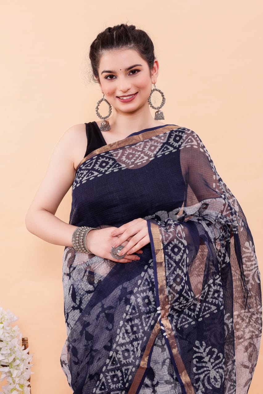 Blue Kairi Batik Hand Block Printed Kota Doria Saree