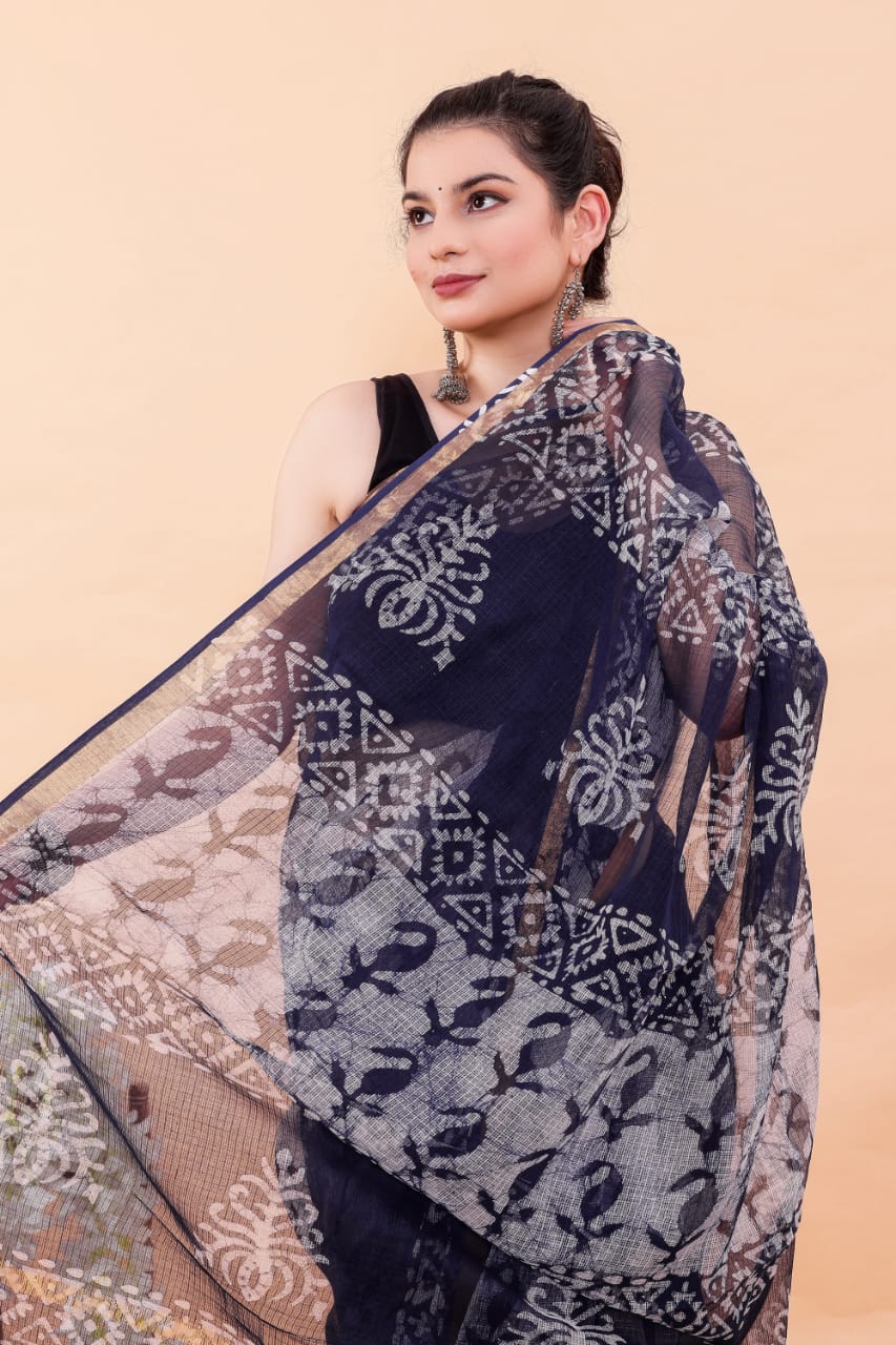 Blue Kairi Batik Hand Block Printed Kota Doria Saree