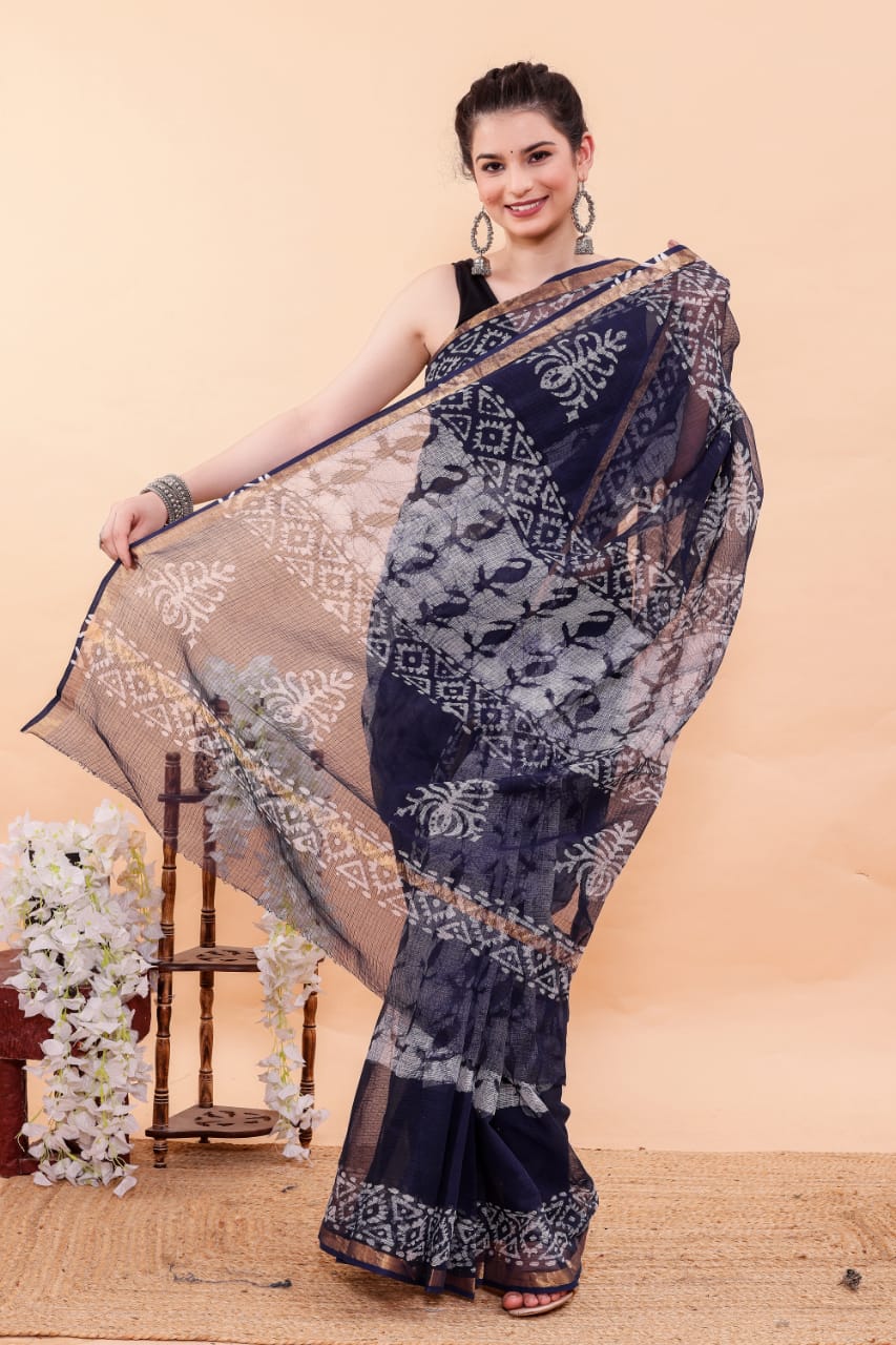 Blue Kairi Batik Hand Block Printed Kota Doria Saree