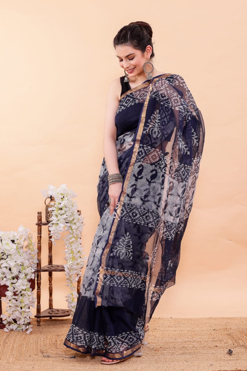 Blue Kairi Batik Hand Block Printed Kota Doria Saree