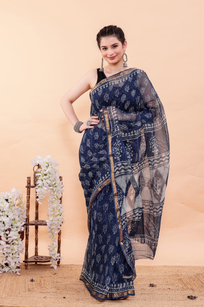 Exclusive Hand Block Premium Kota Doria Saree