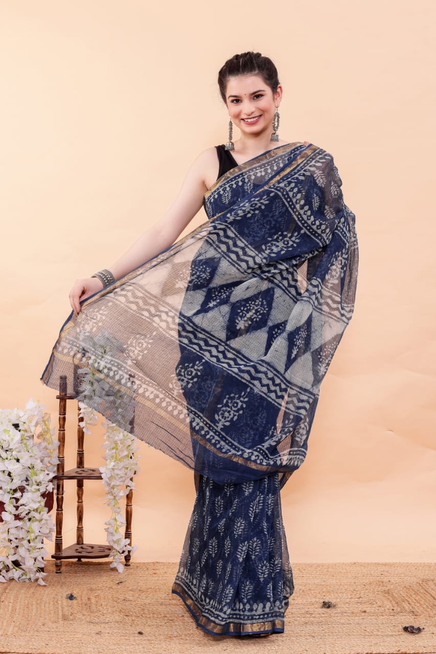 Exclusive Hand Block Premium Kota Doria Saree