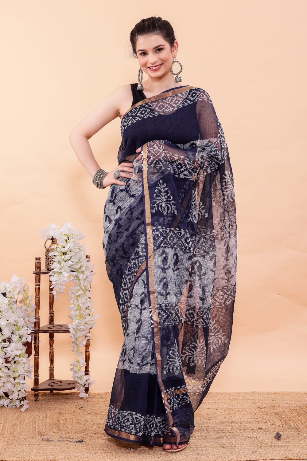 Blue Kairi Batik Hand Block Printed Kota Doria Saree