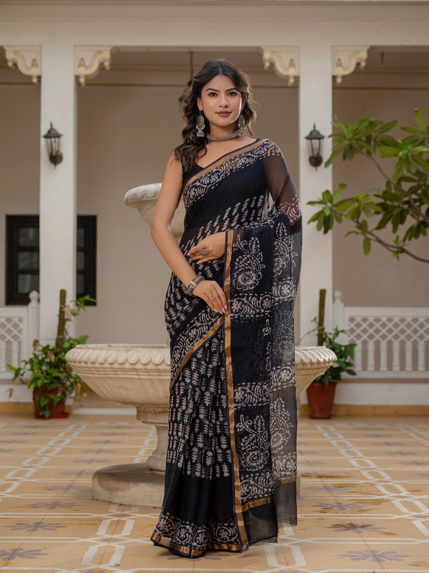 Black Batik printed pure Kota Doria saree