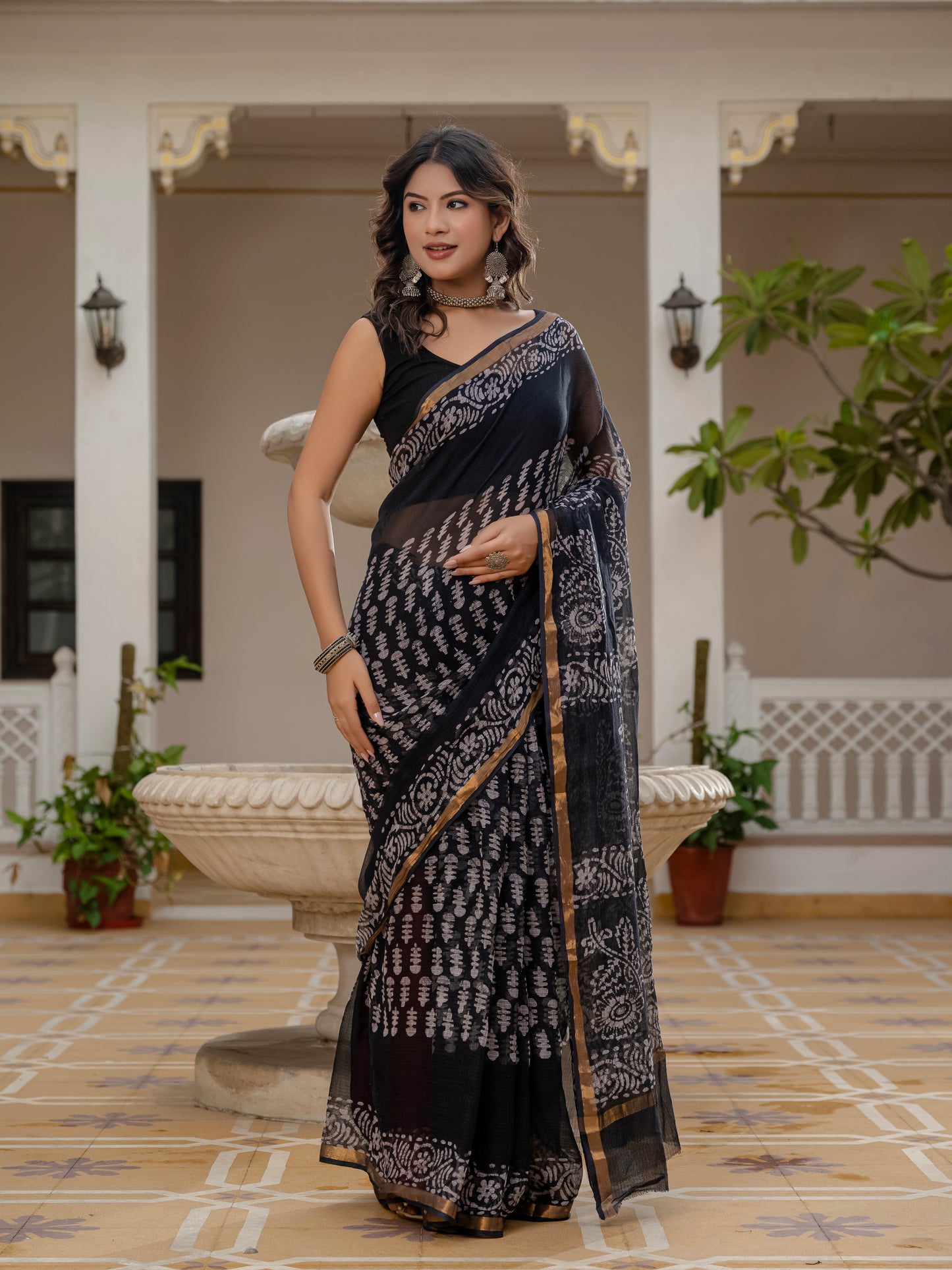 Black Batik printed pure Kota Doria saree