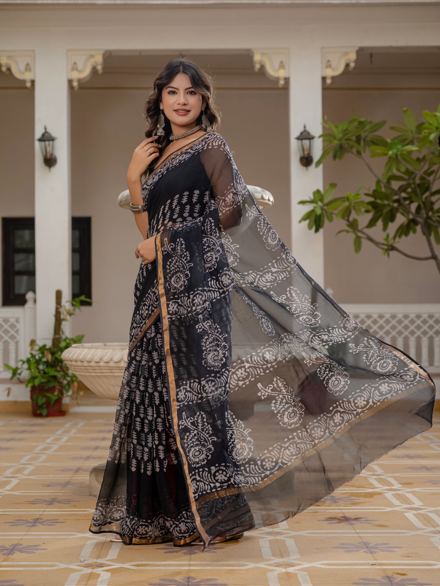 Black Batik printed pure Kota Doria saree