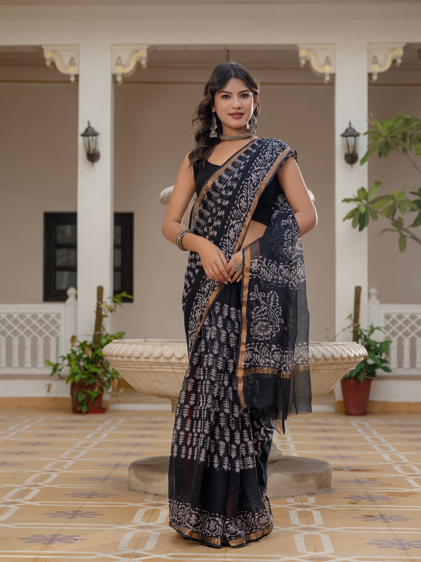 Black Batik printed pure Kota Doria saree