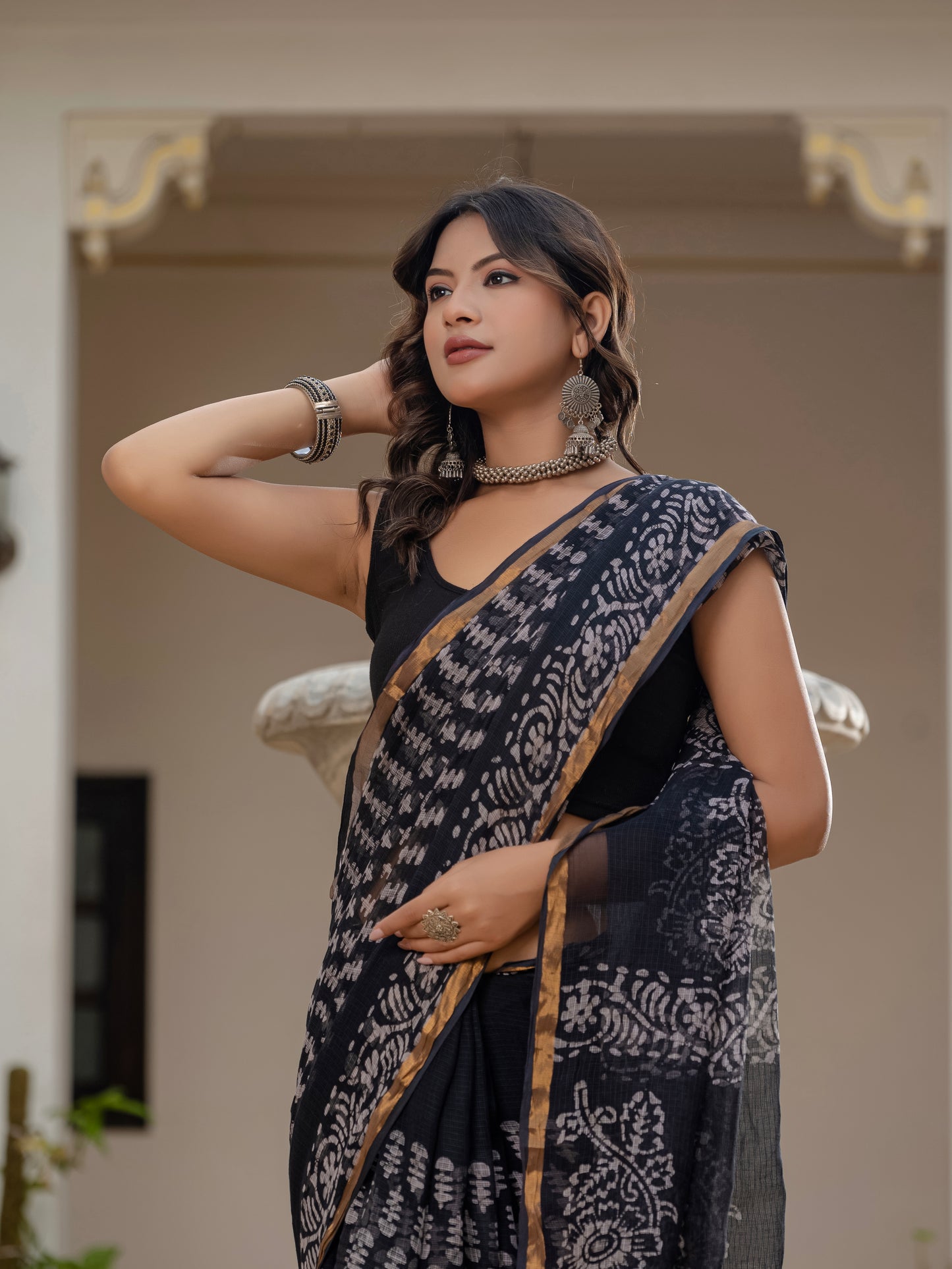 Black Batik printed pure Kota Doria saree