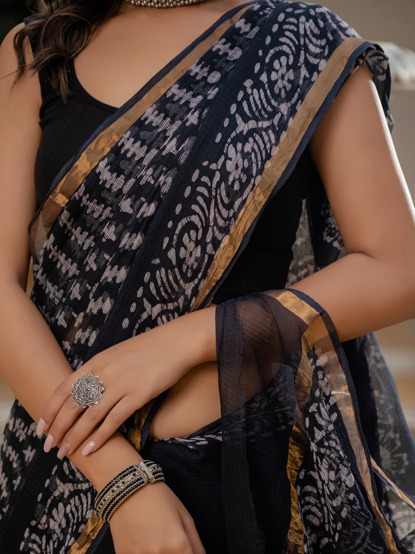 Black Batik printed pure Kota Doria saree