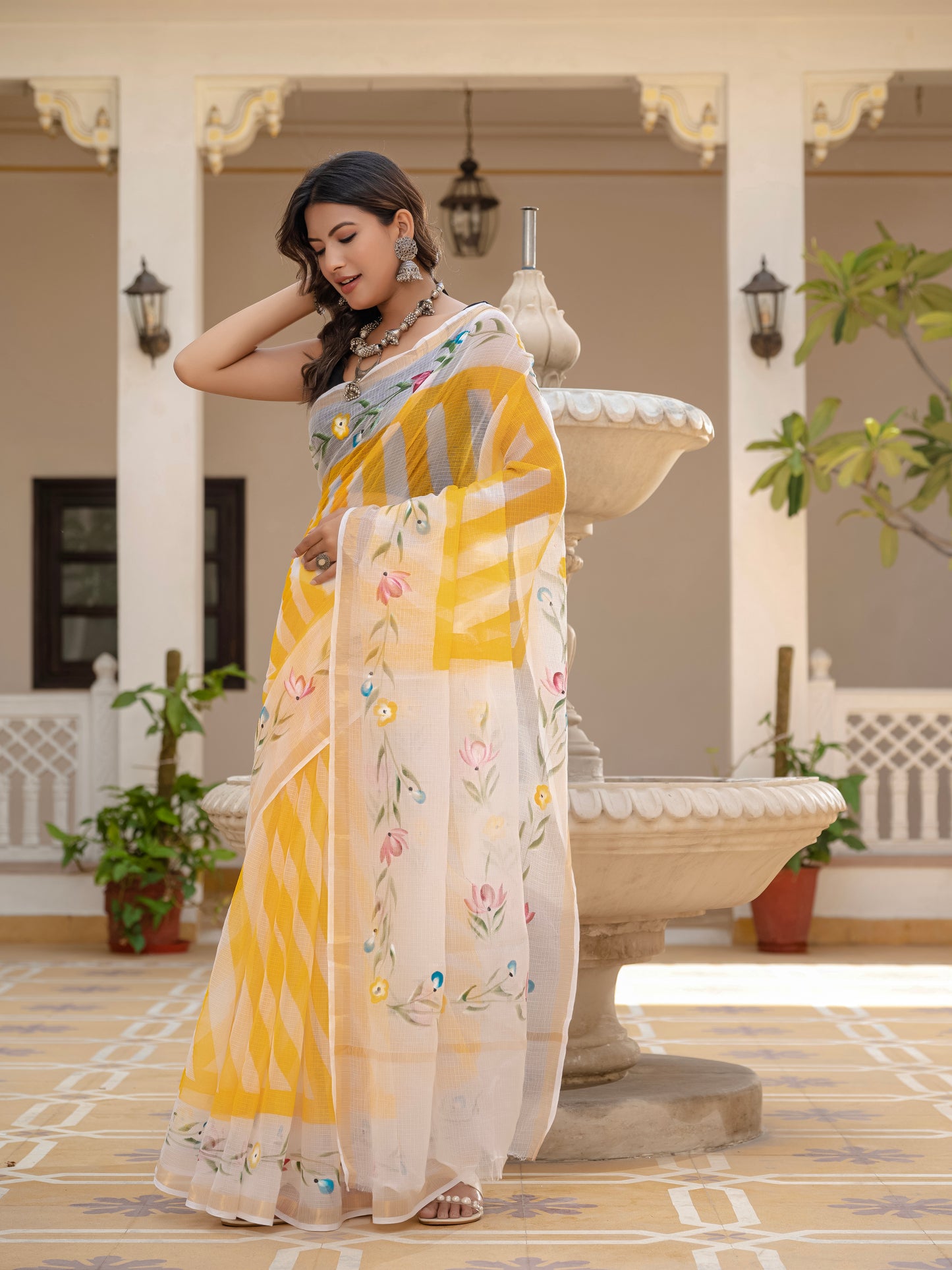 Yellow Lehriya pure Kota Doria saree