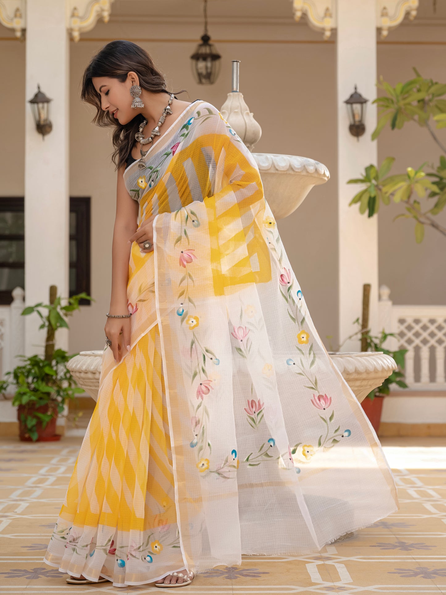 Yellow Lehriya pure Kota Doria saree
