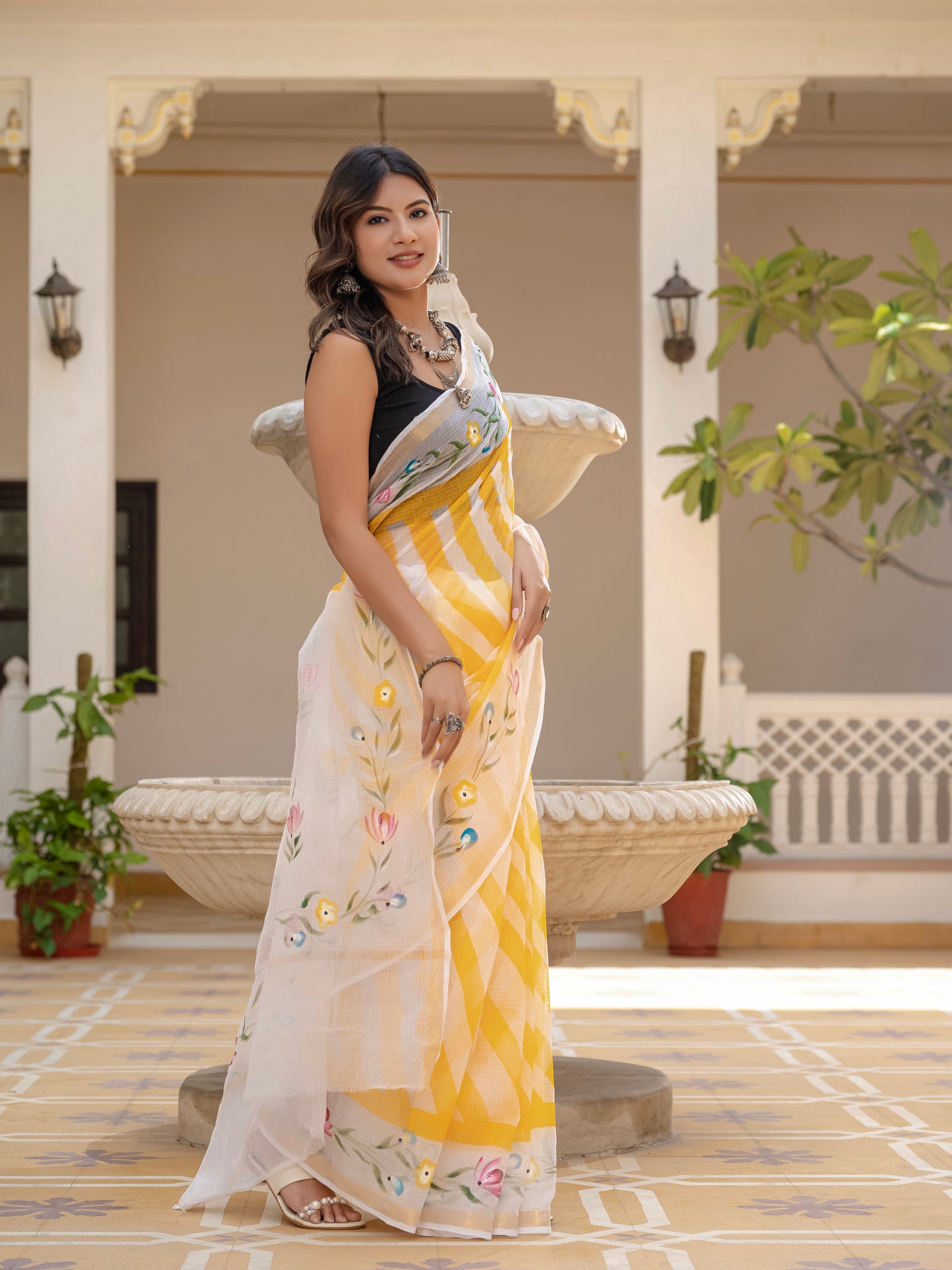 Yellow Lehriya pure Kota Doria saree