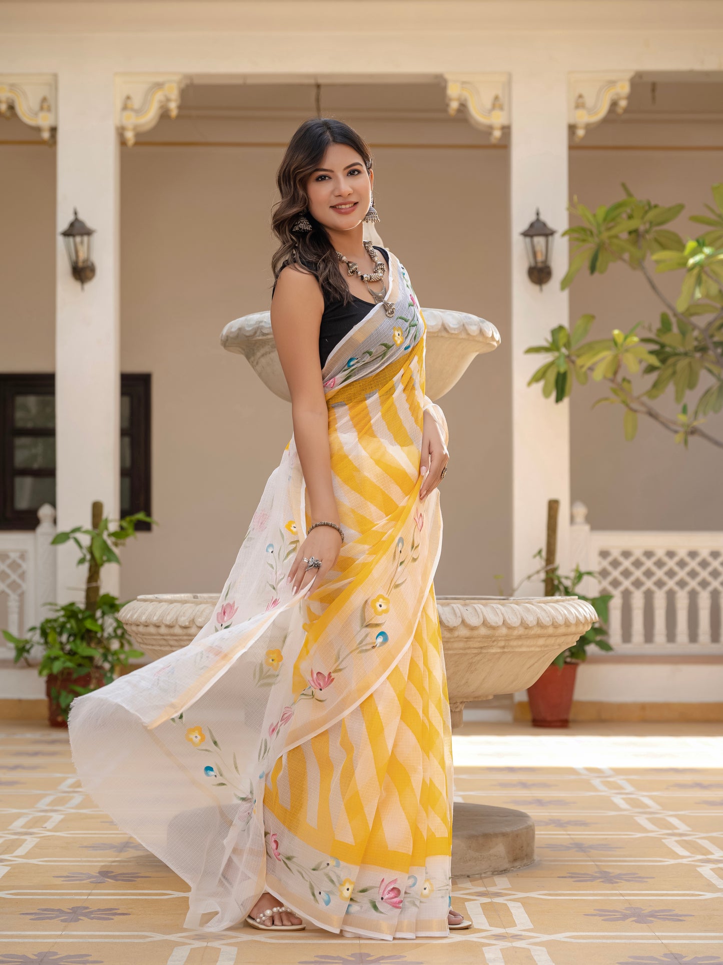 Yellow Lehriya pure Kota Doria saree