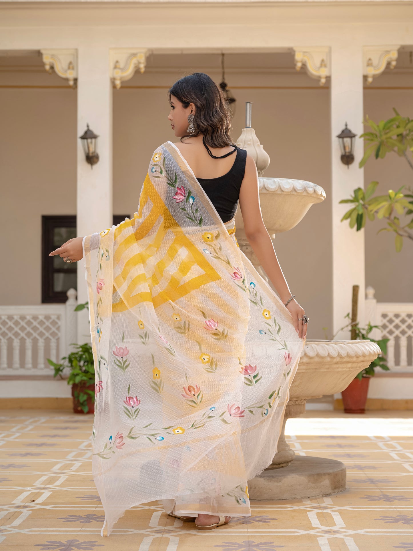 Yellow Lehriya pure Kota Doria saree
