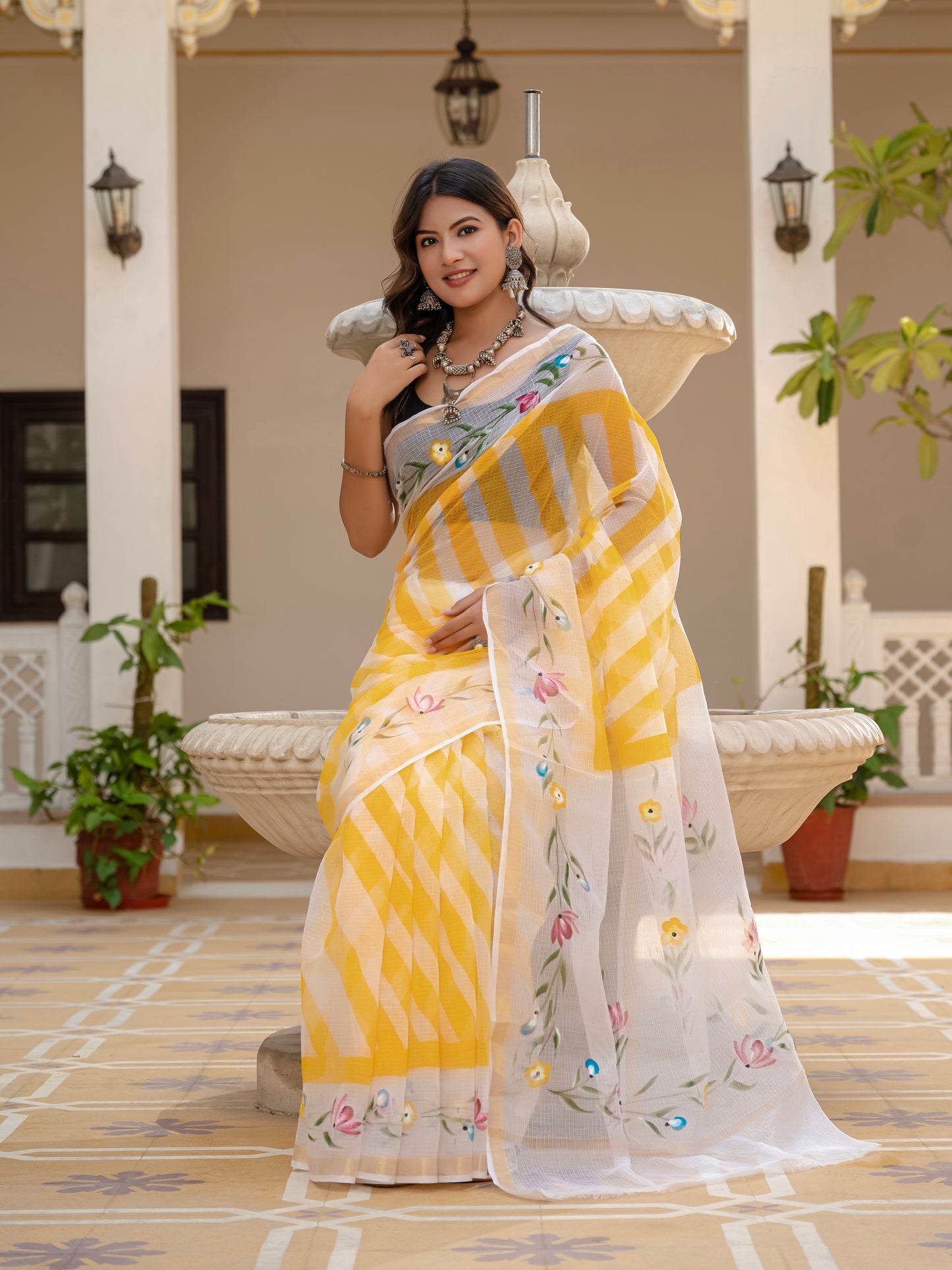 Yellow Lehriya pure Kota Doria saree