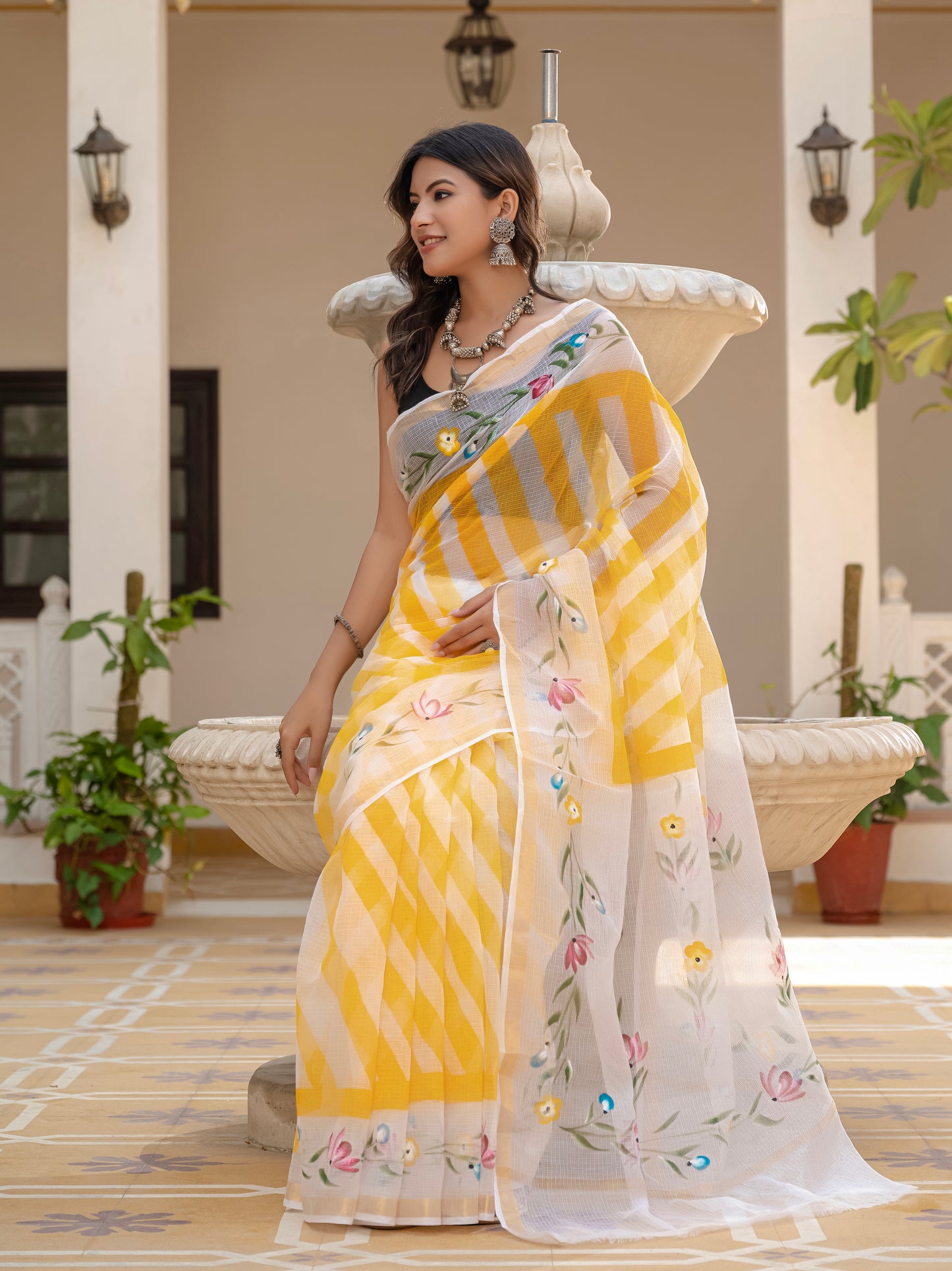 Yellow Lehriya pure Kota Doria saree