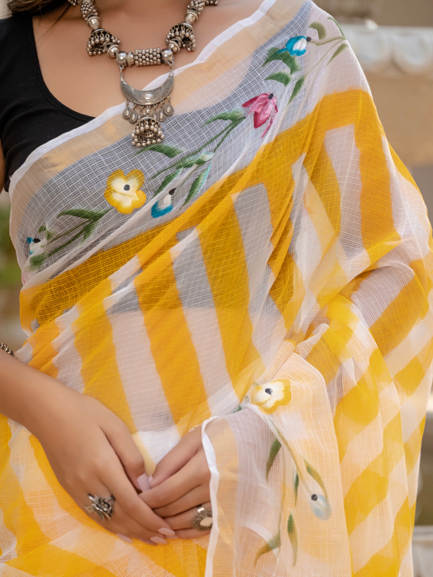 Yellow Lehriya pure Kota Doria saree