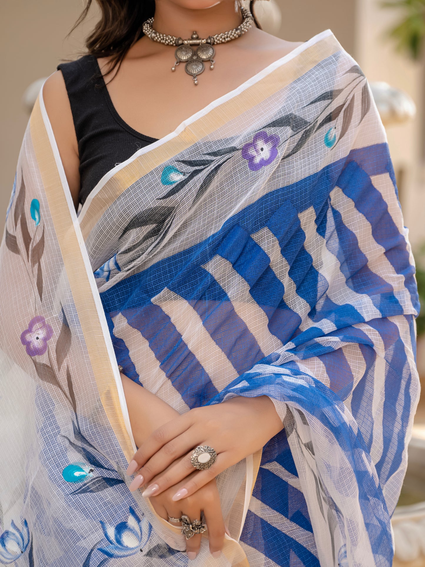 Blue Lehriya pure Kota Doria saree