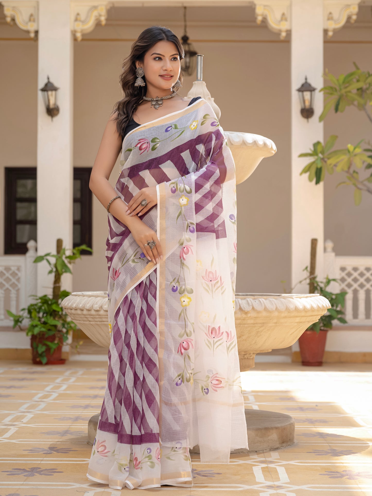 Purple Lehriya pure Kota Doria saree