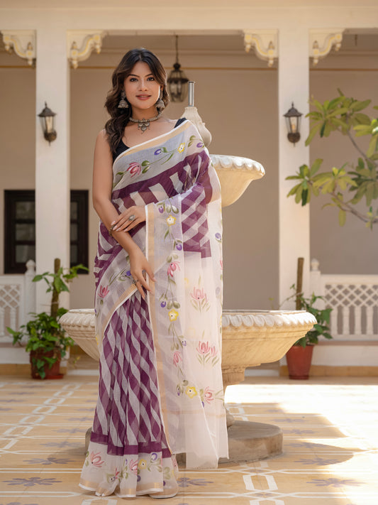 Purple Lehriya pure Kota Doria saree